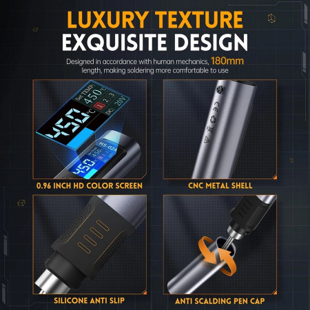 HS-02A Set2 паяльник с регулировкой температуры, USB, PD/QC, DC,100Вт,6 сменных жал, серебристый