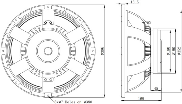 MR15H82 Динамик НЧ 500Вт, 8Ом, 94дБ, 397мм