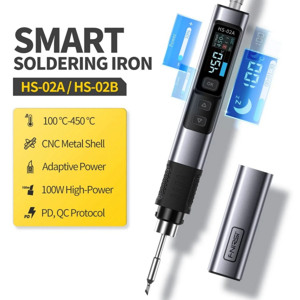 HS-02A Set4 паяльник с регулировкой, USB, блок питания, PD/QC, DC, 100Вт, 6 сменных жал, серебристый