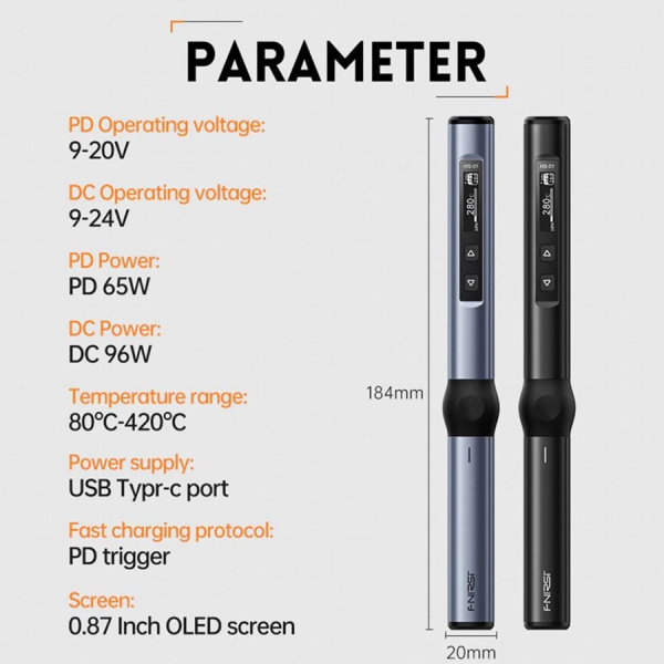 HS-01 паяльник с регулировкой температуры, USB, PD 65Вт, DC 96Вт, черный