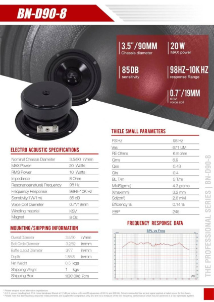 BN-D90 Динамик СЧ 90мм 20вт, 8Ом, 85дБ 98-10кГц.