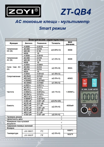 ZT-QB4 Токоизмерительные клещи TRMS NCV