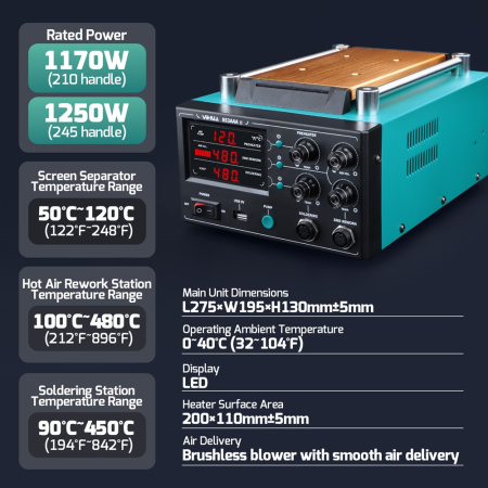 YIHUA853AAA-II паяльная станция 3 в 1: паяльник C210+термофен+сепаратор дисплеев, ESD
