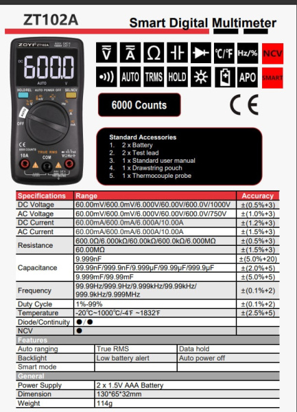 ZT-102A цифровой мультиметр автомат TRMS