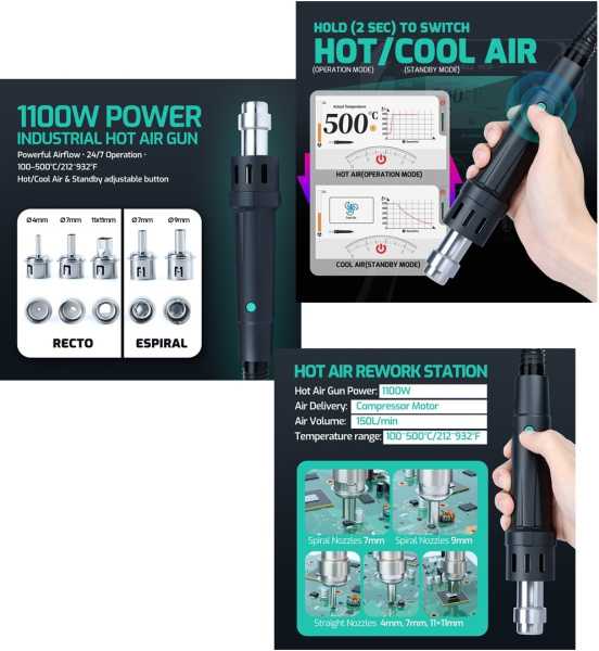 YIHUA983D паяльная станция 3 в 1: термофен+паяльник C245+блок питания, с USB fast