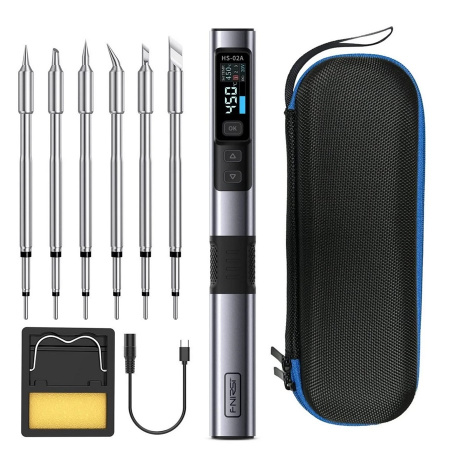 HS-02A Set2 паяльник с регулировкой температуры, USB, PD/QC, DC,100Вт,6 сменных жал, серебристый