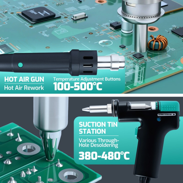 YIHUA948D-IV п/с 5 в 1: паяльник C245, фен, демонтажный паяльник, термопинцет, вакуумный пинцет