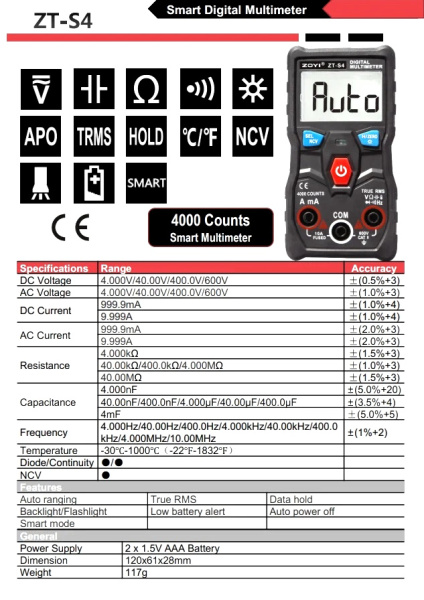 ZT-S4 Автоматический цифровой мультиметр True-RMS, NCV