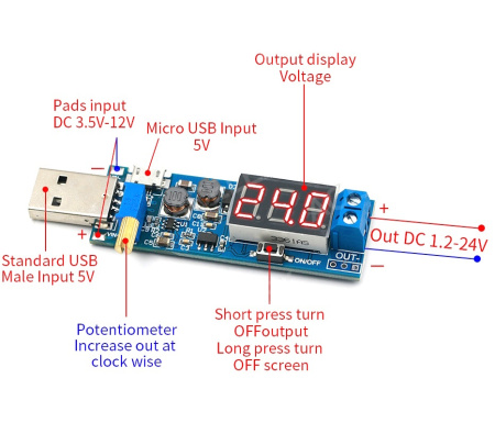 XY-UP DC-DC 5Vвх. 1.2-24Vвых. повышающий-понижающий напряжения модуль с LED, USB (M3069)