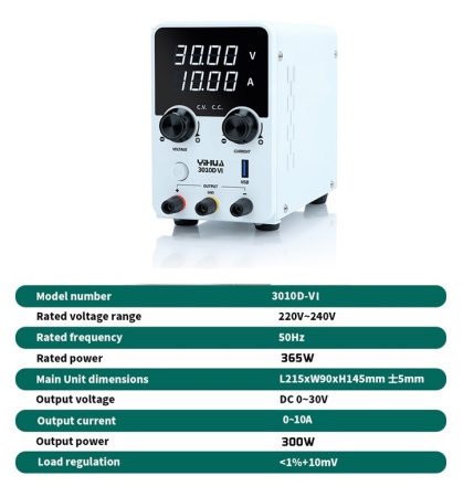 YIHUA3010D-VI Источник питания постоянного тока 30В, 10А, fast USB