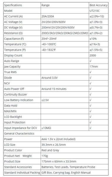 UT210C  токовые клещи мультиметр