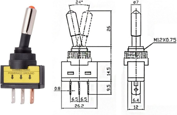 ASW-15D-R 12V переключатель с красной подсветкой (FUT-1142-R)