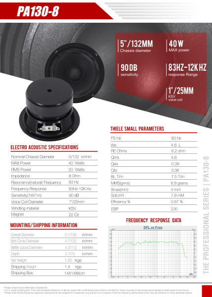 PA130 Динамик широкополосный 132мм 40вт, 8Ом, 90дБ 83-12кГц.